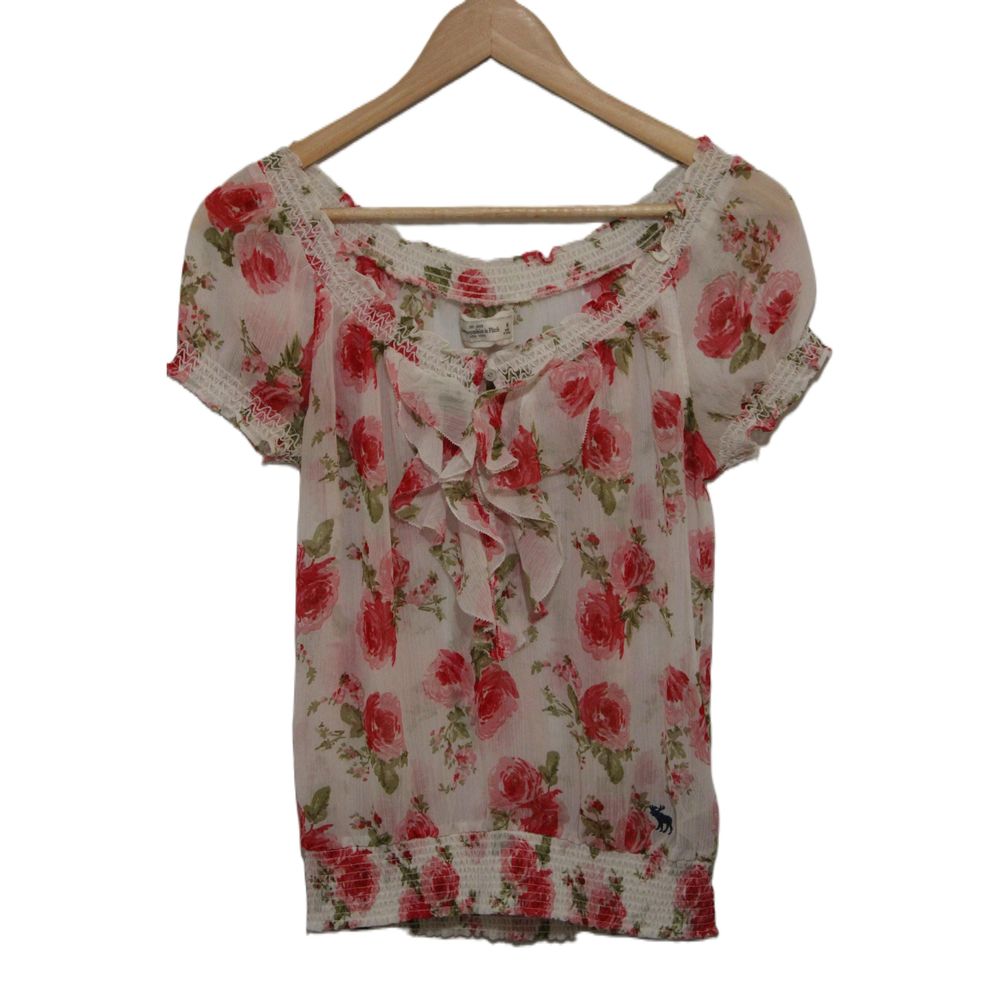 Abercrombie & Fitch Floral Ruffle Short Sleeve Blouse - White & Red